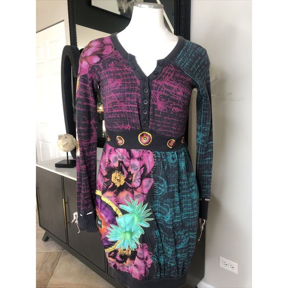 Desigual Floral Button Embroidered Sheath Dress S - Picture 1 of 12